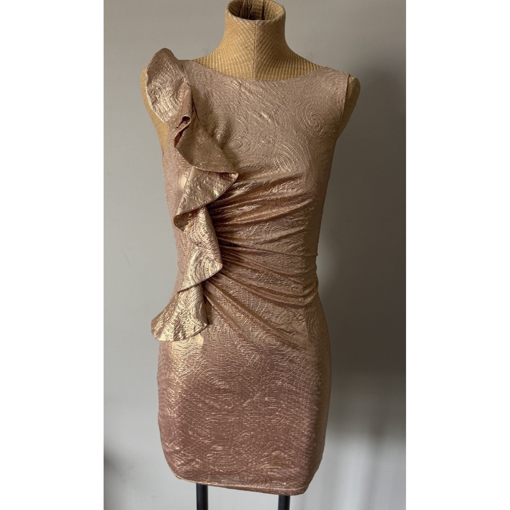 Hailey Logan By Adrianna Papell Y2K Mini Bodycon Dress Sz Small Metallic Gold